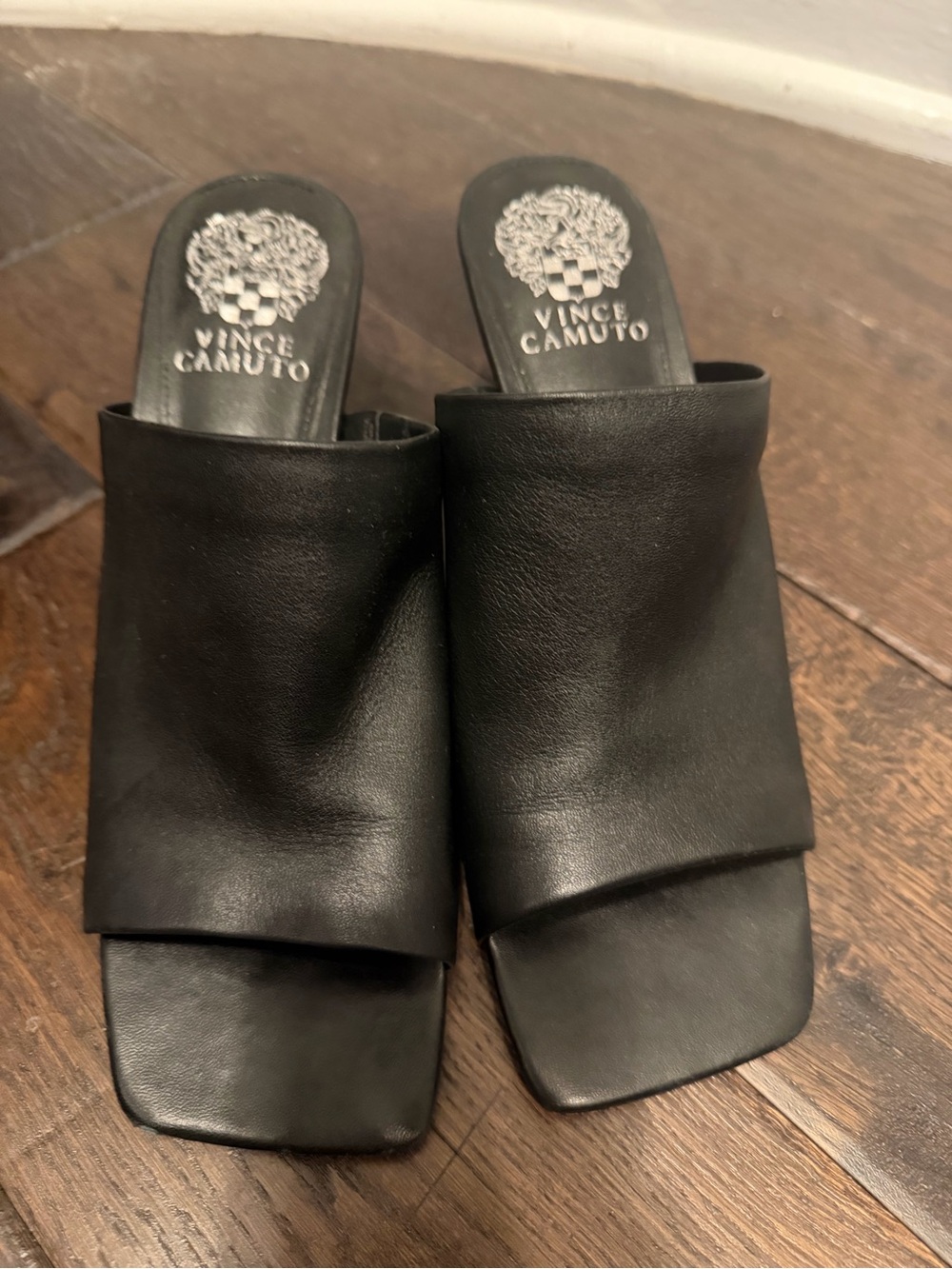 Vince Camuto Black Leather Square-Toe Slide Mules